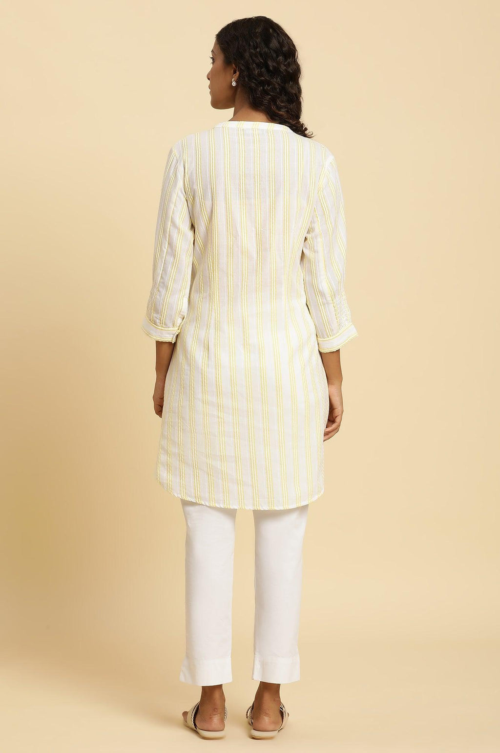 W for Woman Ecru Stripe Printed Tunic With Floral Thread Embroidery | Grocsy