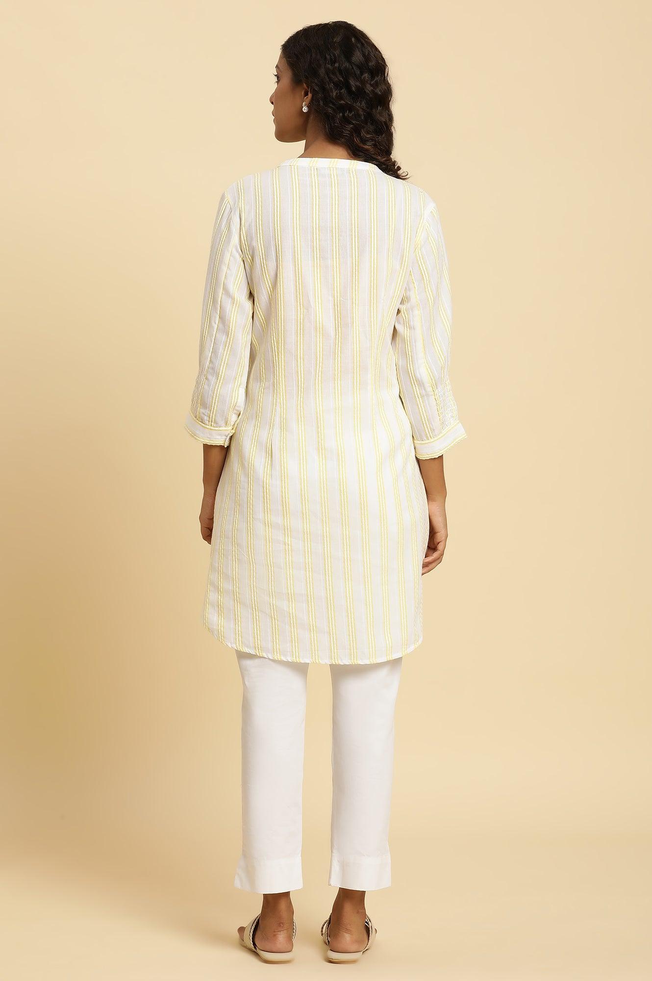 W for Woman Ecru Stripe Printed Tunic With Floral Thread Embroidery | Grocsy
