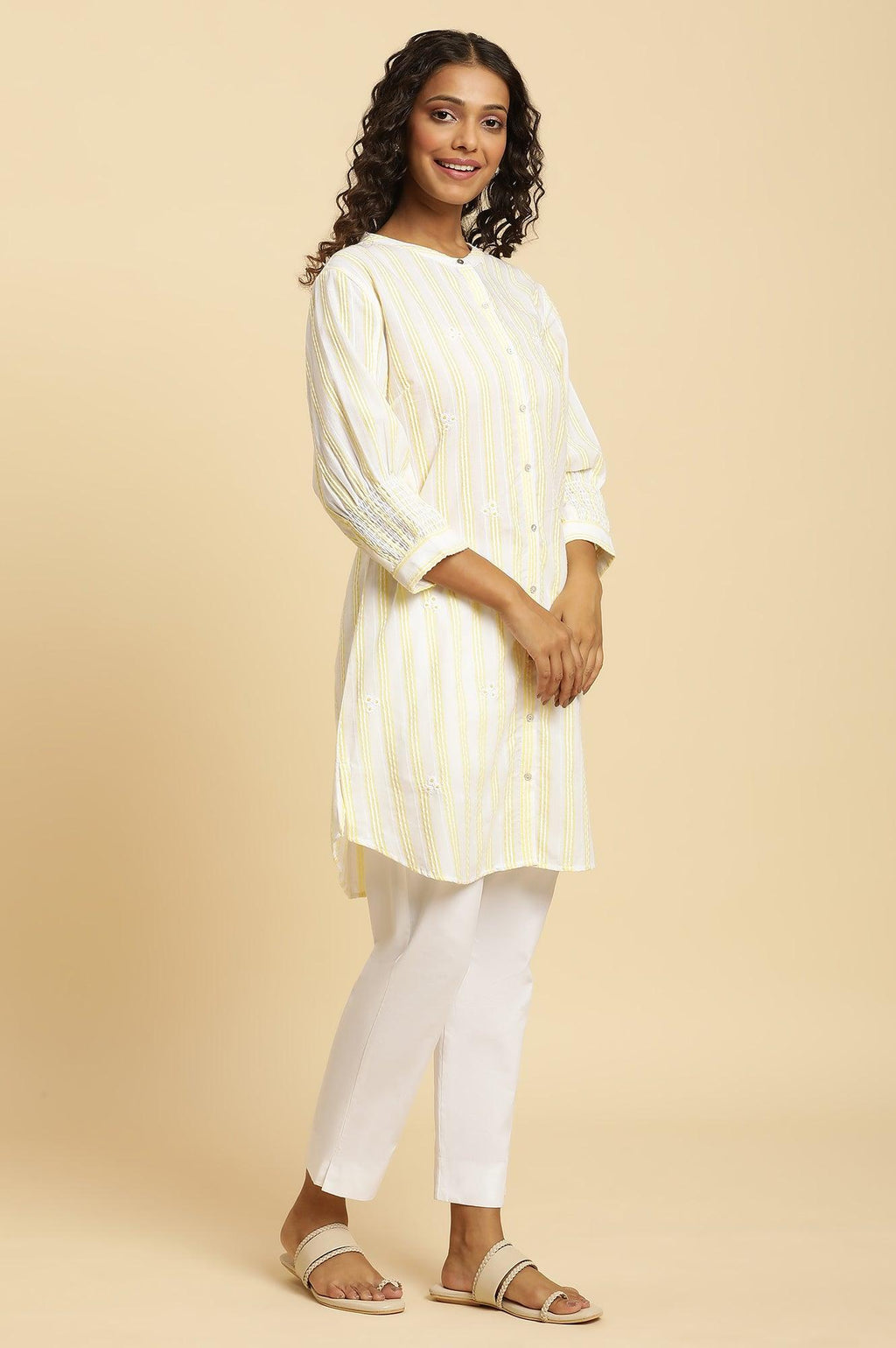 W for Woman Ecru Stripe Printed Tunic With Floral Thread Embroidery | Grocsy