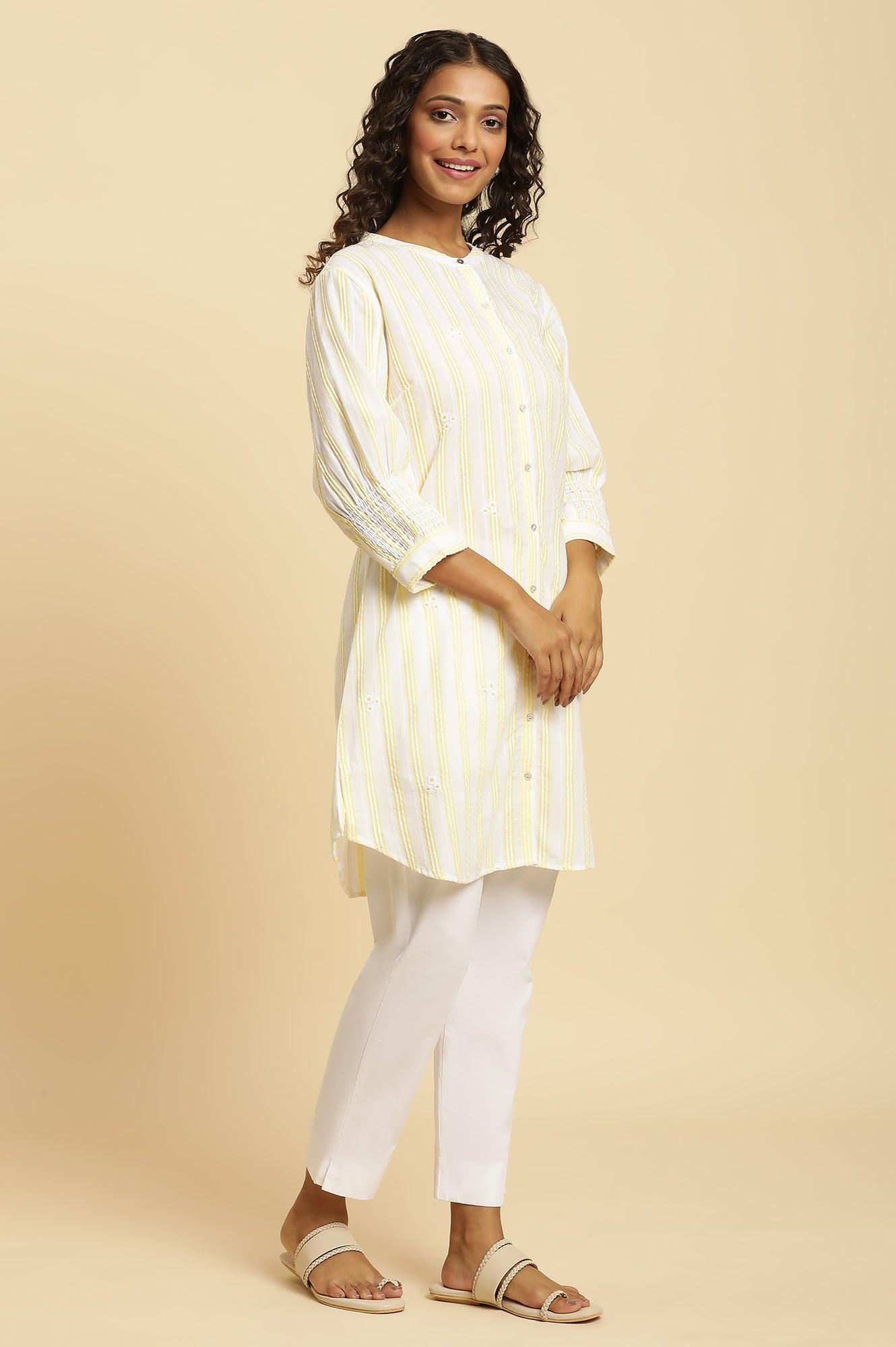 W for Woman Ecru Stripe Printed Tunic With Floral Thread Embroidery | Grocsy