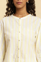 W for Woman Ecru Stripe Printed Tunic With Floral Thread Embroidery | Grocsy