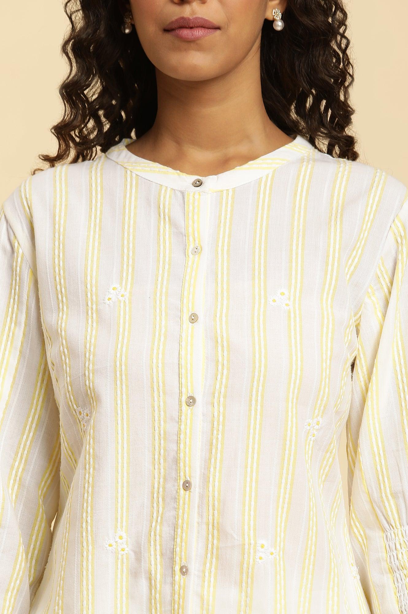 W for Woman Ecru Stripe Printed Tunic With Floral Thread Embroidery | Grocsy