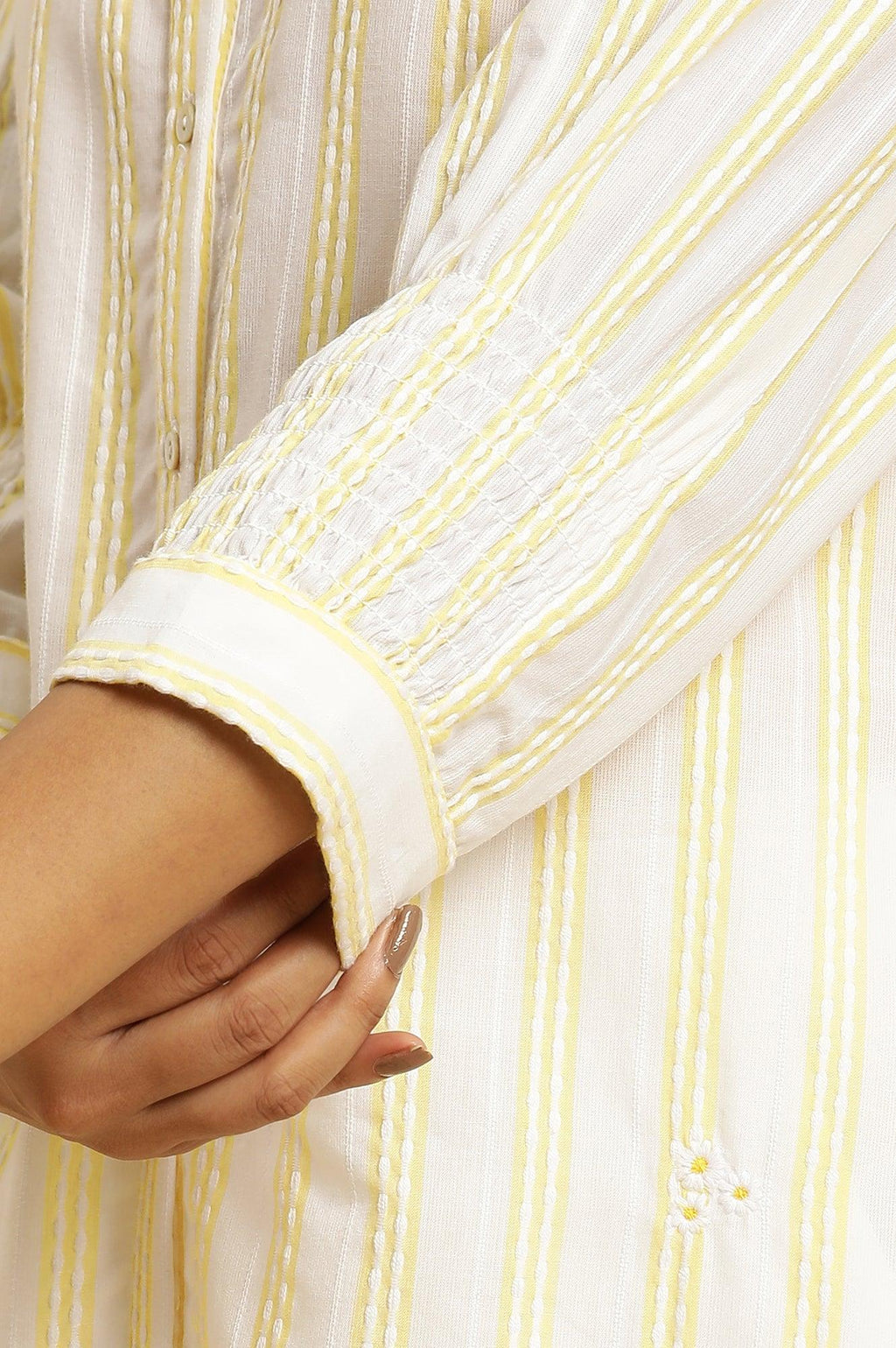 W for Woman Ecru Stripe Printed Tunic With Floral Thread Embroidery | Grocsy