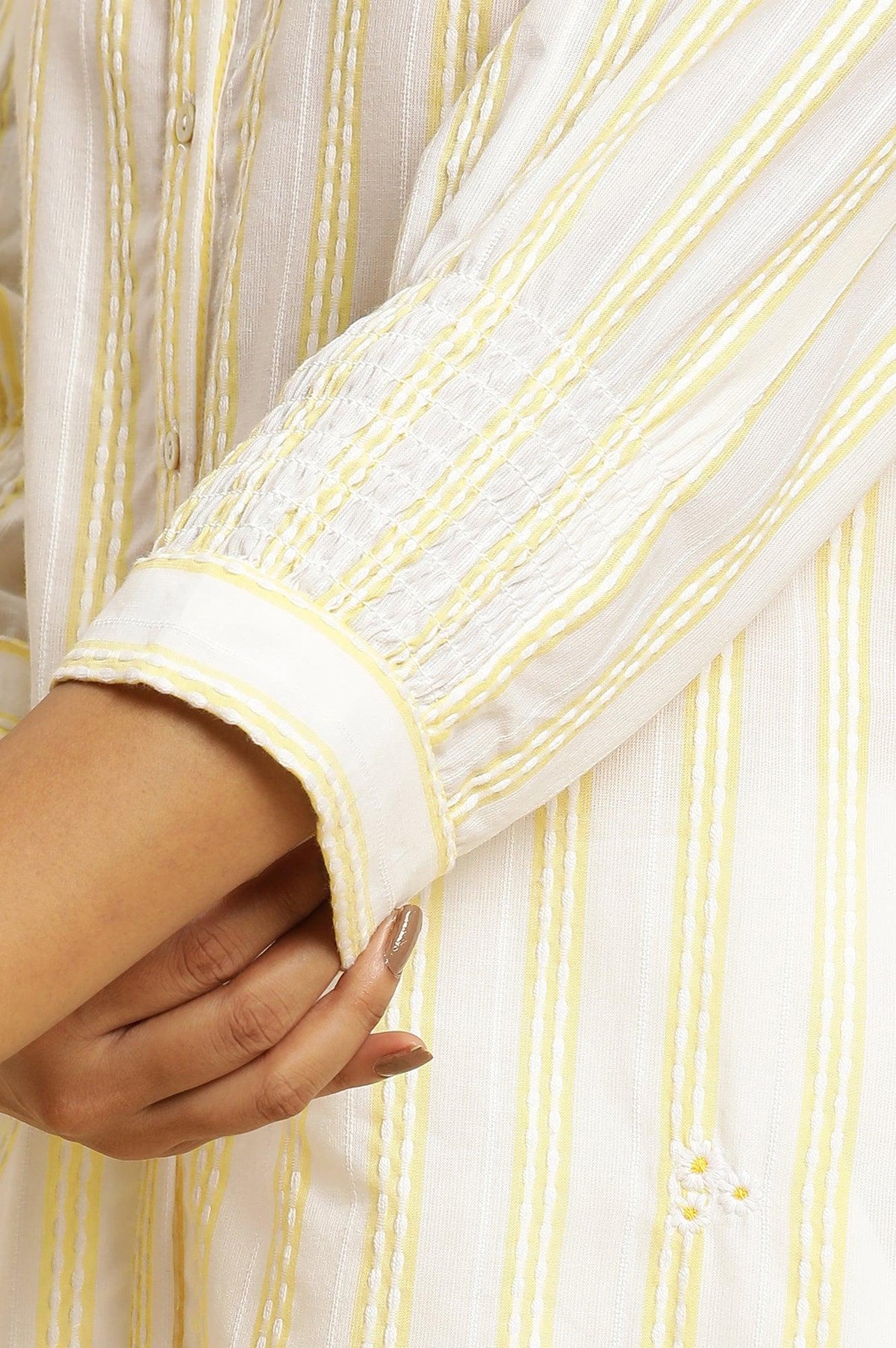 W for Woman Ecru Stripe Printed Tunic With Floral Thread Embroidery | Grocsy