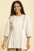 W for Woman Ecru Yarn Dyed Embroidered Pleated Straight Top | Grocsy