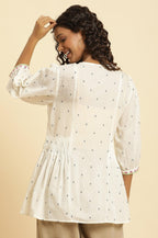 W for Woman Ecru Yarn Dyed Embroidered Pleated Straight Top | Grocsy