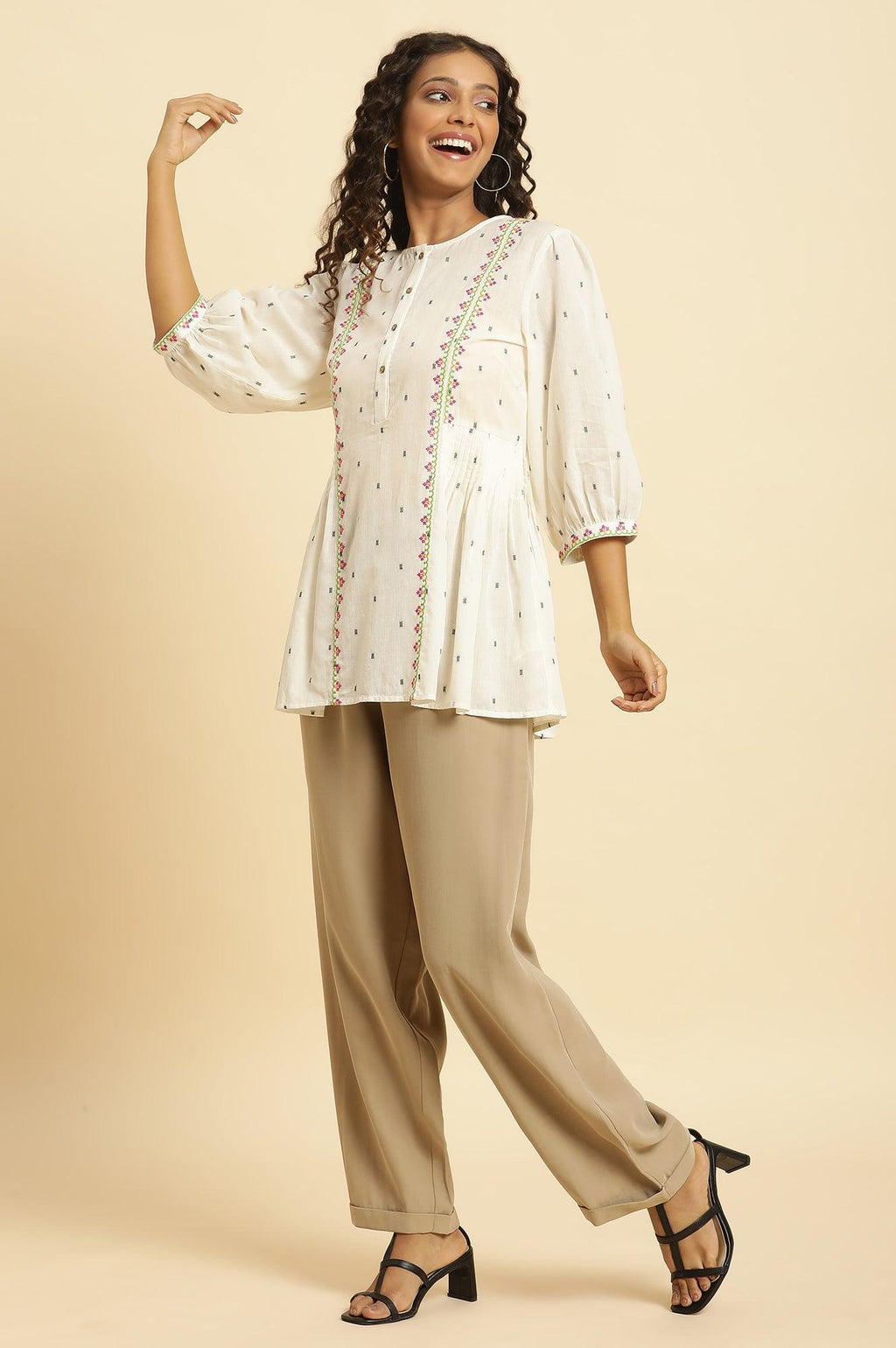 W for Woman Ecru Yarn Dyed Embroidered Pleated Straight Top | Grocsy