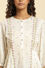 W for Woman Ecru Yarn Dyed Embroidered Pleated Straight Top | Grocsy