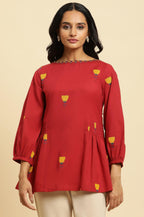 W for Woman Red Yarn Dyed Smocked Peplum Top | Grocsy
