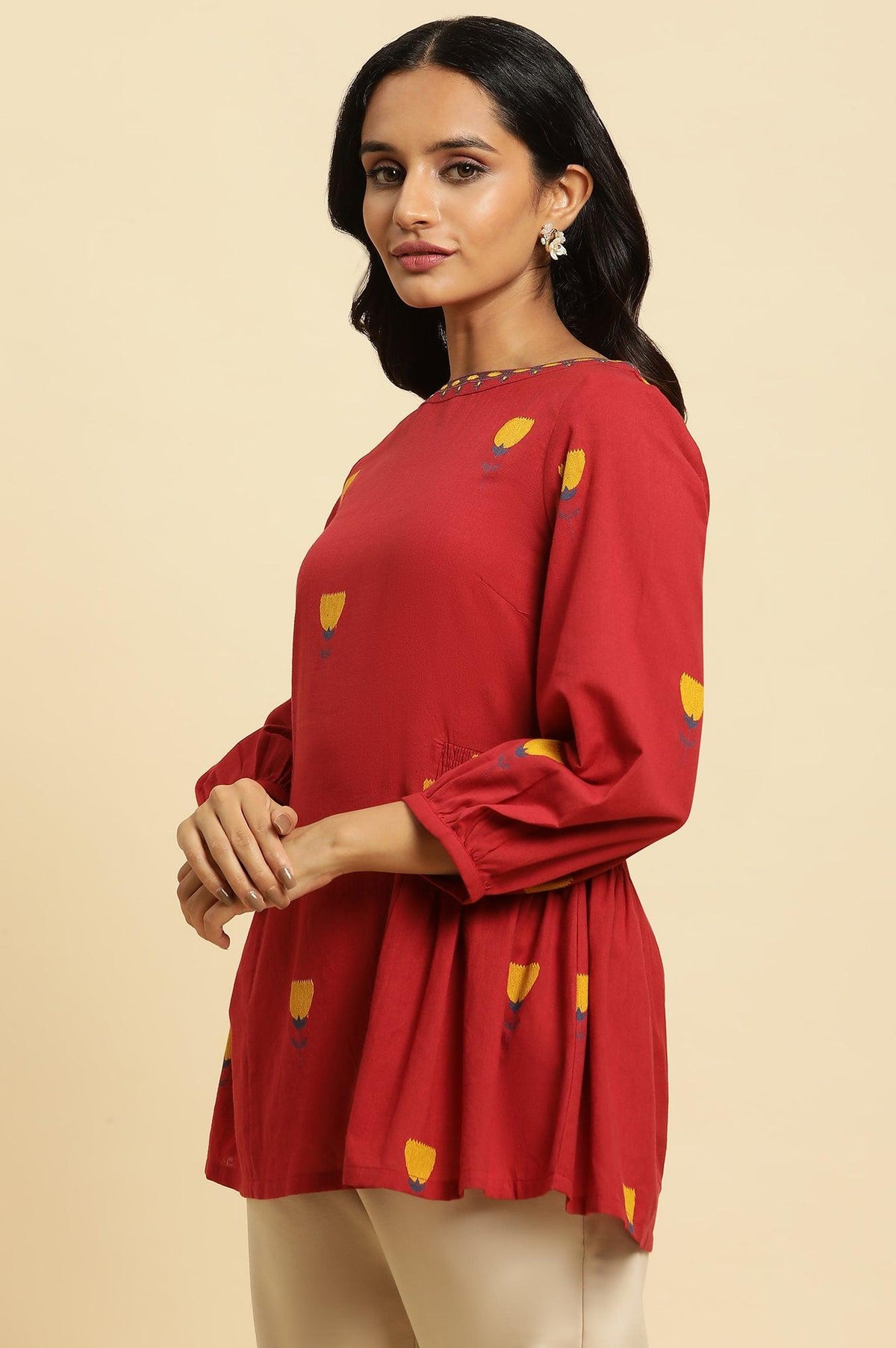 W for Woman Red Yarn Dyed Smocked Peplum Top | Grocsy