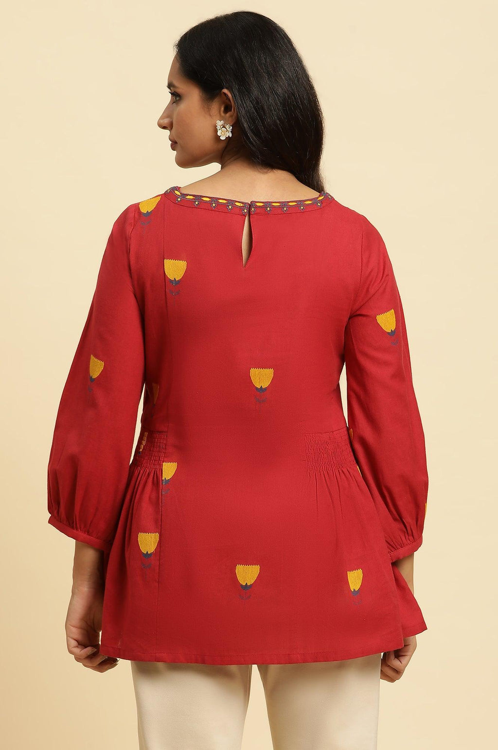 W for Woman Red Yarn Dyed Smocked Peplum Top | Grocsy