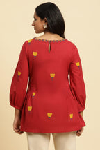 W for Woman Red Yarn Dyed Smocked Peplum Top | Grocsy