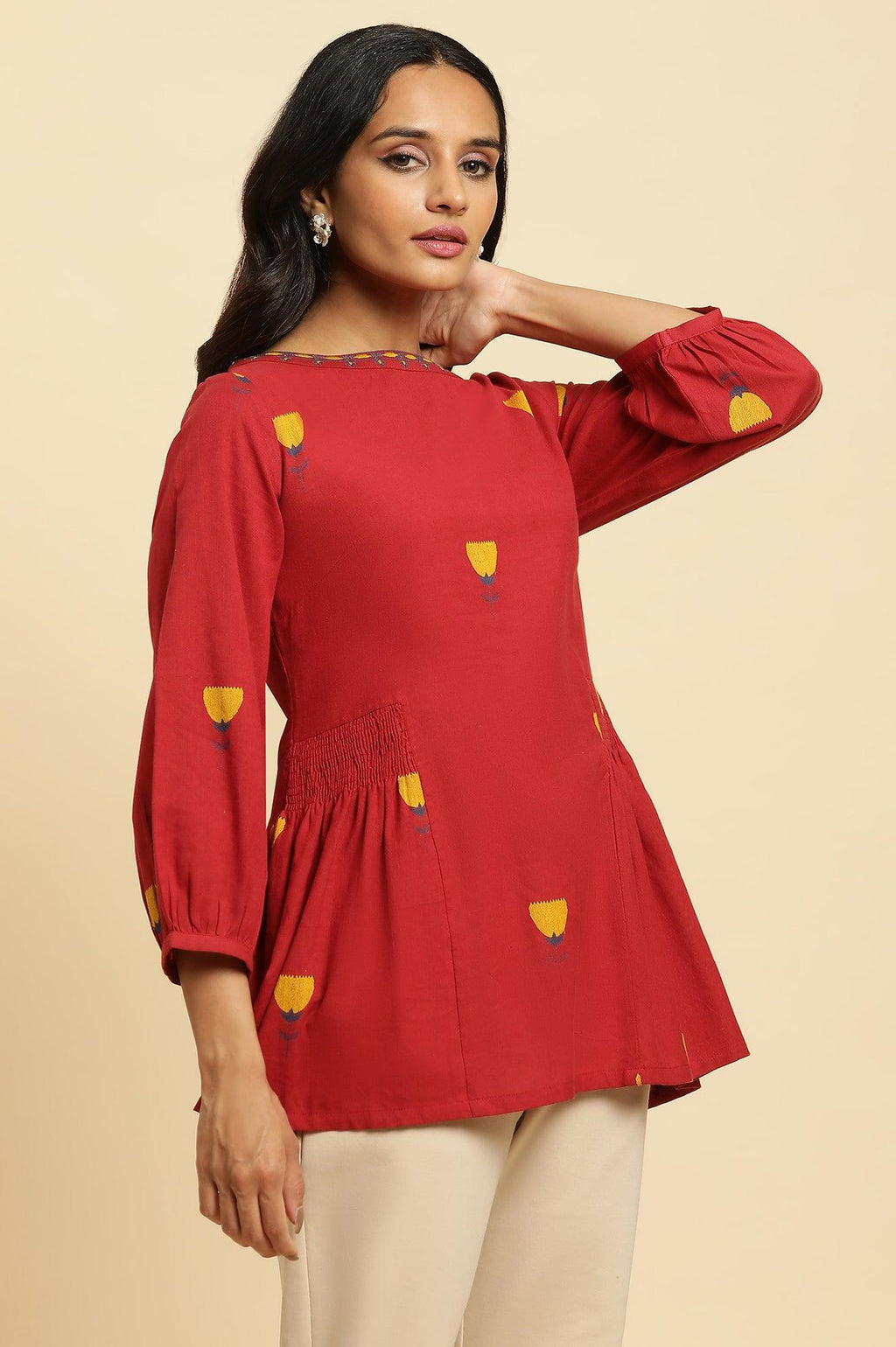 W for Woman Red Yarn Dyed Smocked Peplum Top | Grocsy