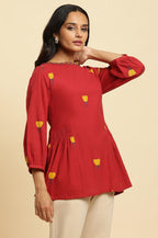 W for Woman Red Yarn Dyed Smocked Peplum Top | Grocsy