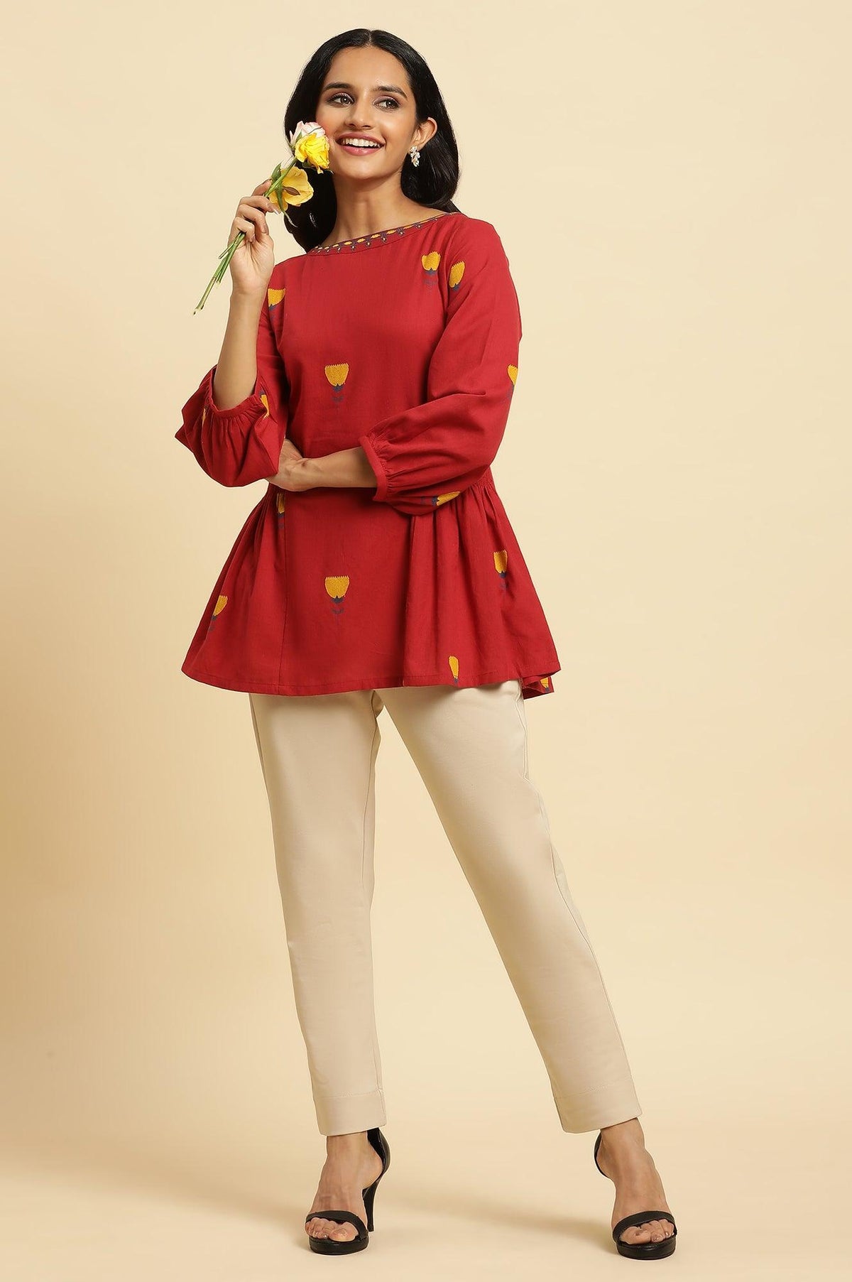 W for Woman Red Yarn Dyed Smocked Peplum Top | Grocsy