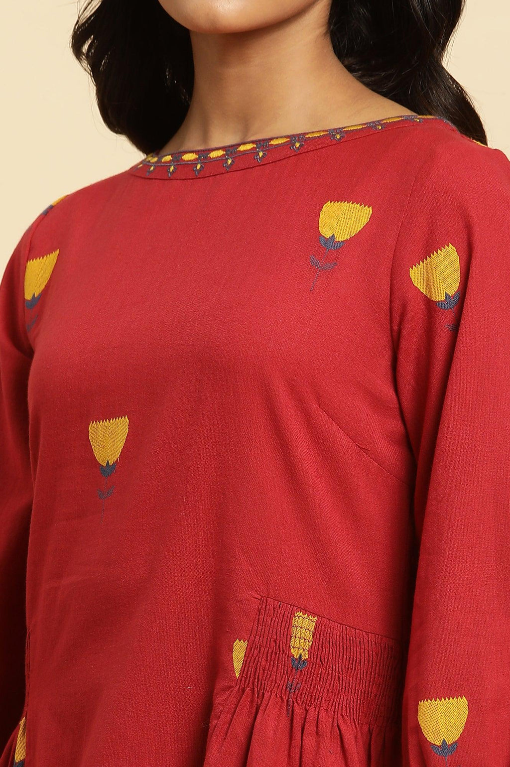 W for Woman Red Yarn Dyed Smocked Peplum Top | Grocsy