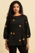 W for Woman Black Yarn Dyed Smocked Peplum Top | Grocsy