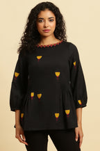 W for Woman Black Yarn Dyed Smocked Peplum Top | Grocsy