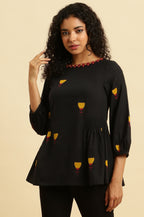 W for Woman Black Yarn Dyed Smocked Peplum Top | Grocsy