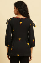 W for Woman Black Yarn Dyed Smocked Peplum Top | Grocsy