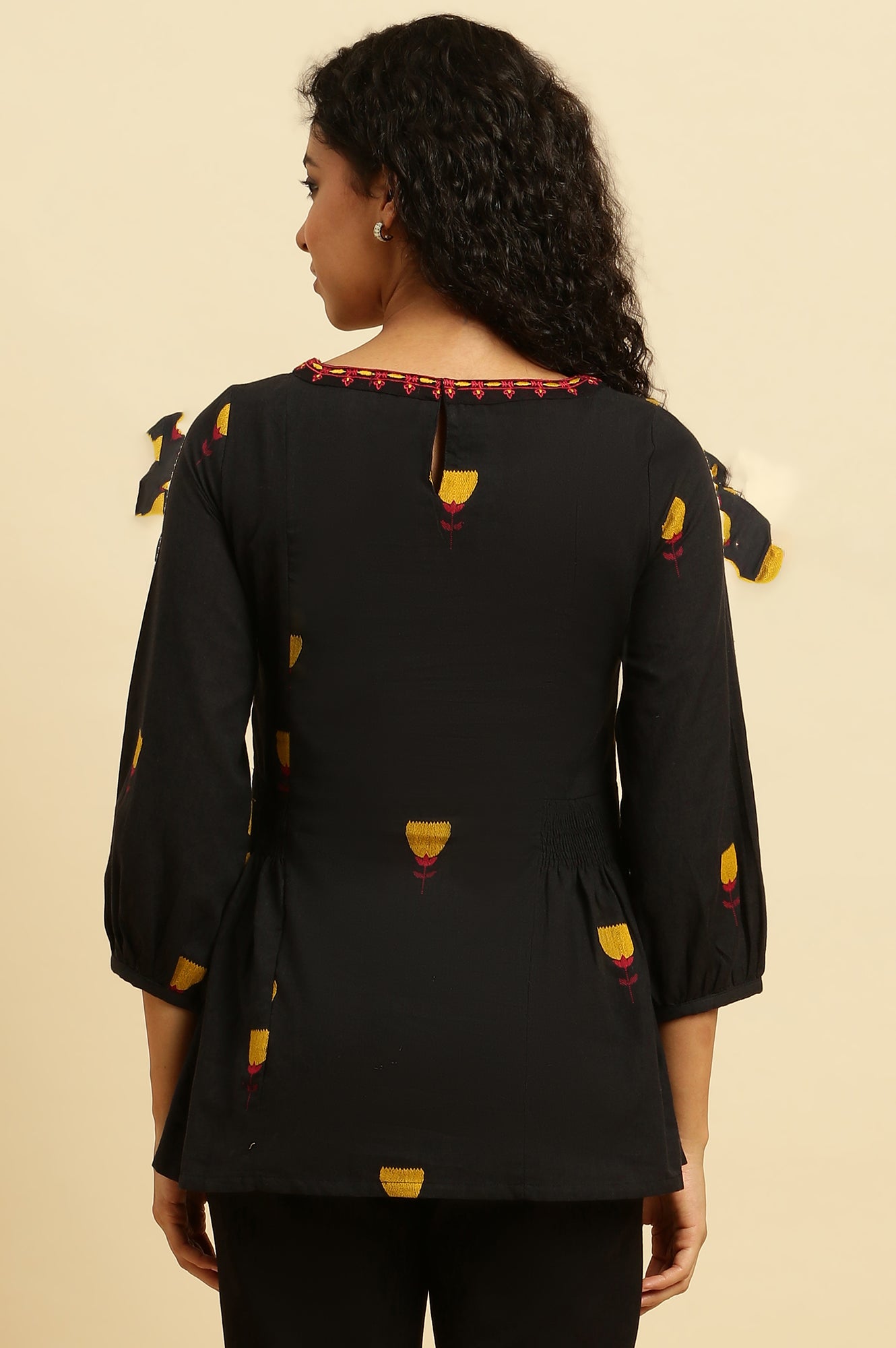 W for Woman Black Yarn Dyed Smocked Peplum Top | Grocsy
