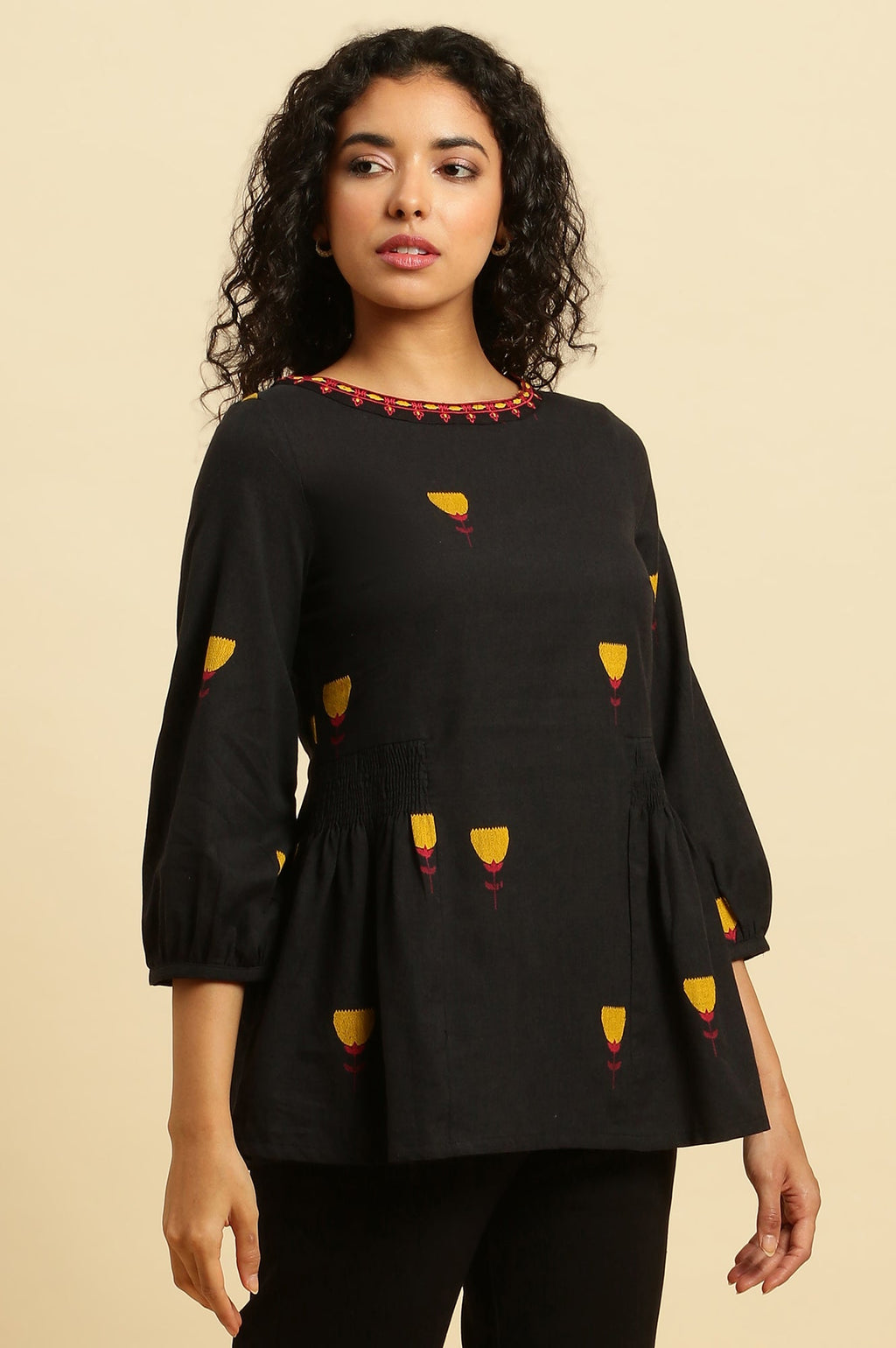 W for Woman Black Yarn Dyed Smocked Peplum Top | Grocsy