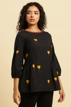 W for Woman Black Yarn Dyed Smocked Peplum Top | Grocsy