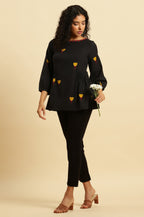 W for Woman Black Yarn Dyed Smocked Peplum Top | Grocsy