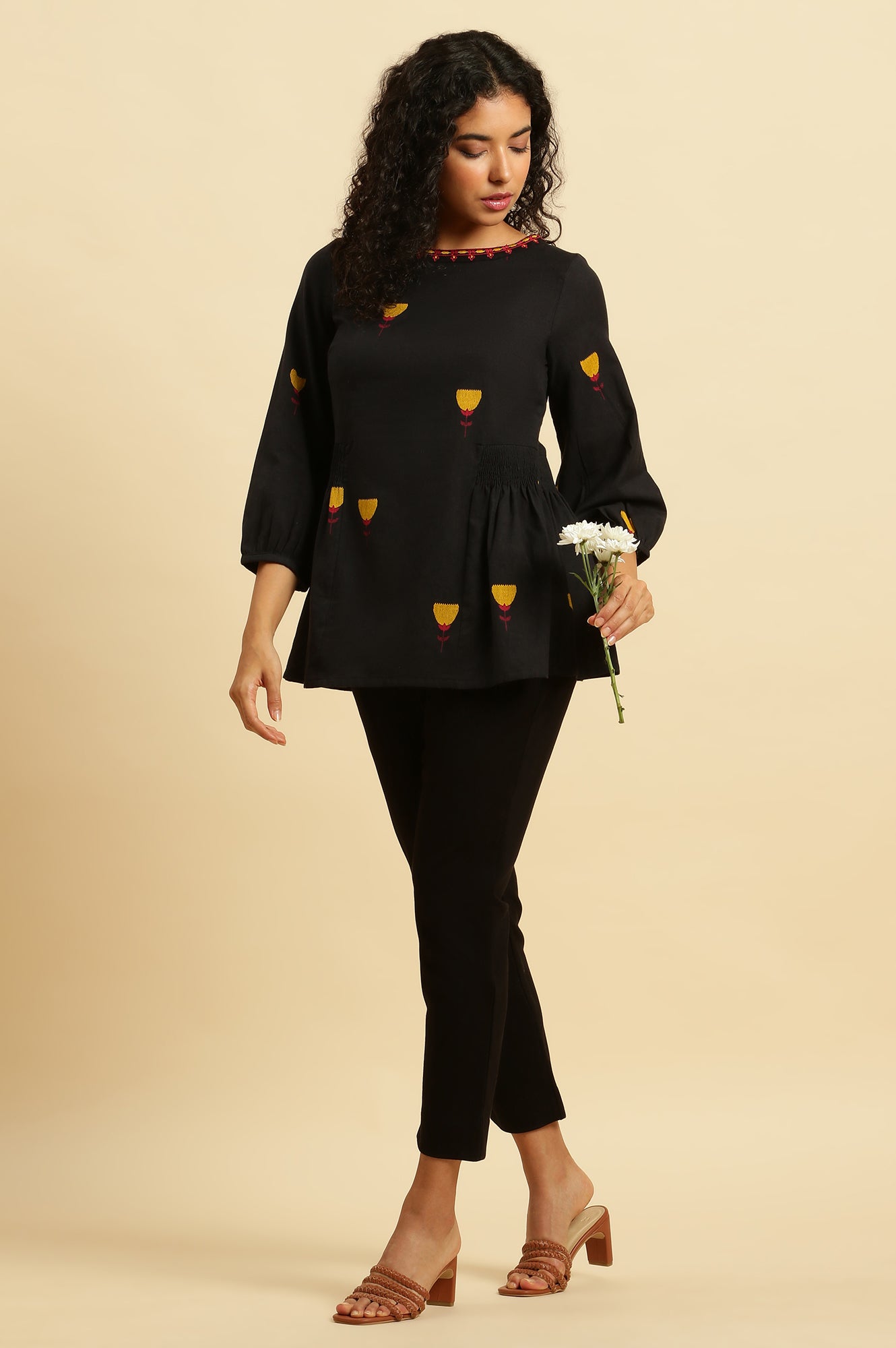 W for Woman Black Yarn Dyed Smocked Peplum Top | Grocsy