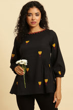 W for Woman Black Yarn Dyed Smocked Peplum Top | Grocsy