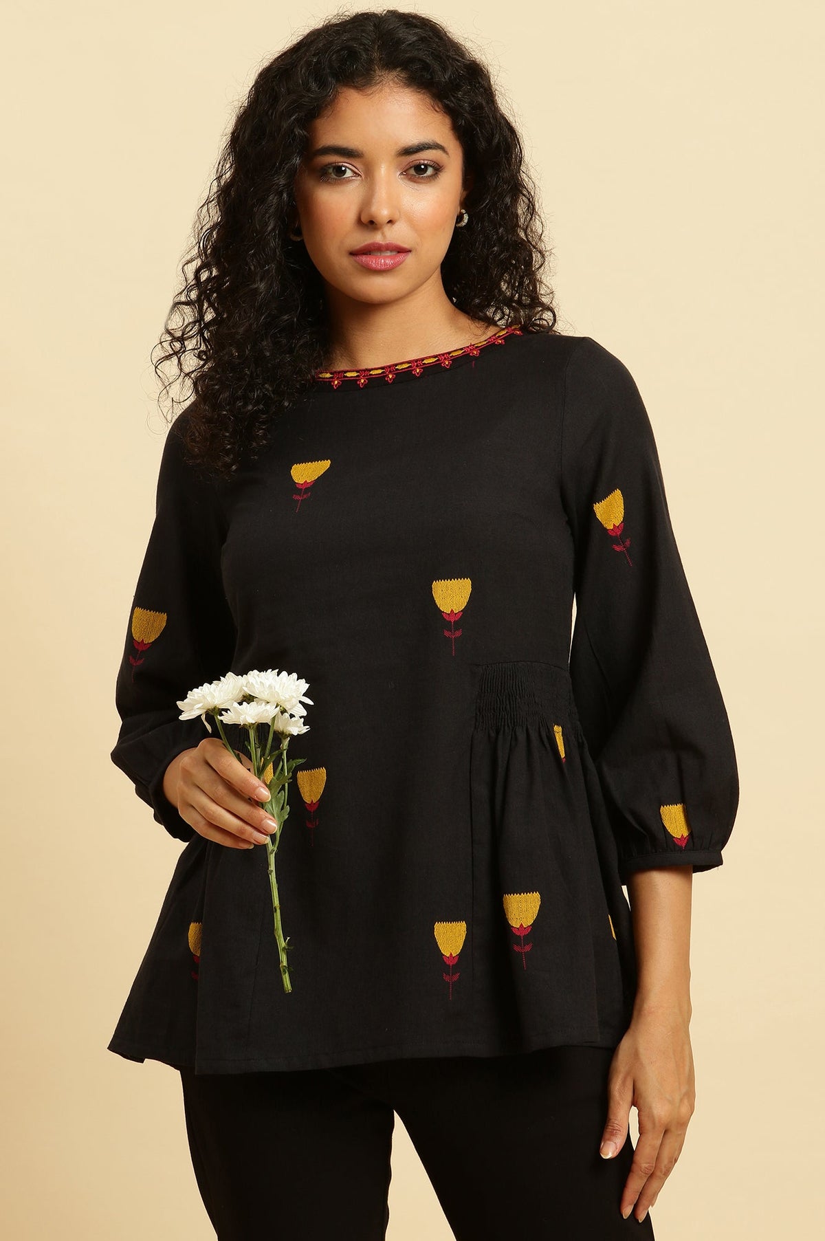 W for Woman Black Yarn Dyed Smocked Peplum Top | Grocsy