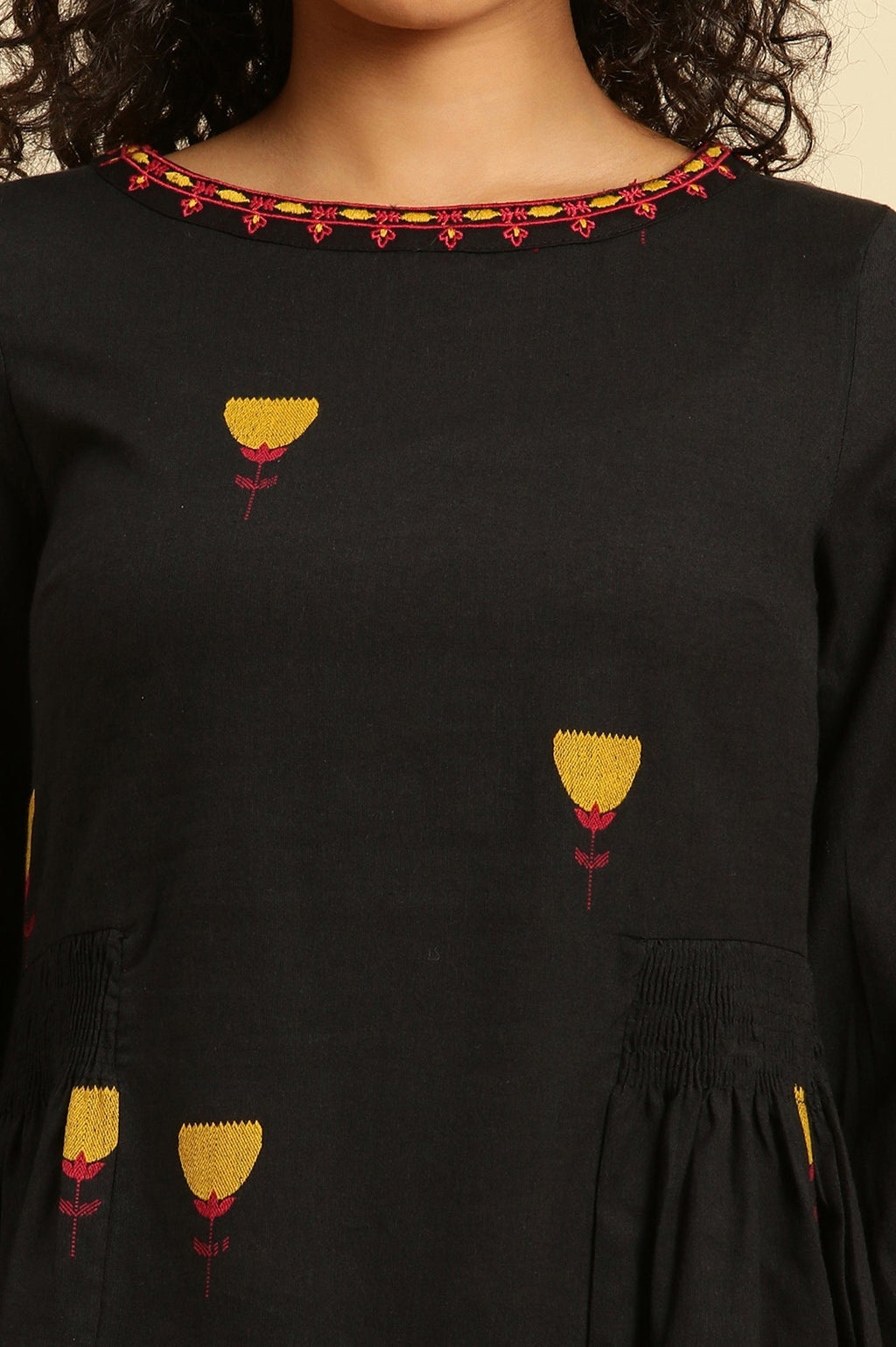 W for Woman Black Yarn Dyed Smocked Peplum Top | Grocsy