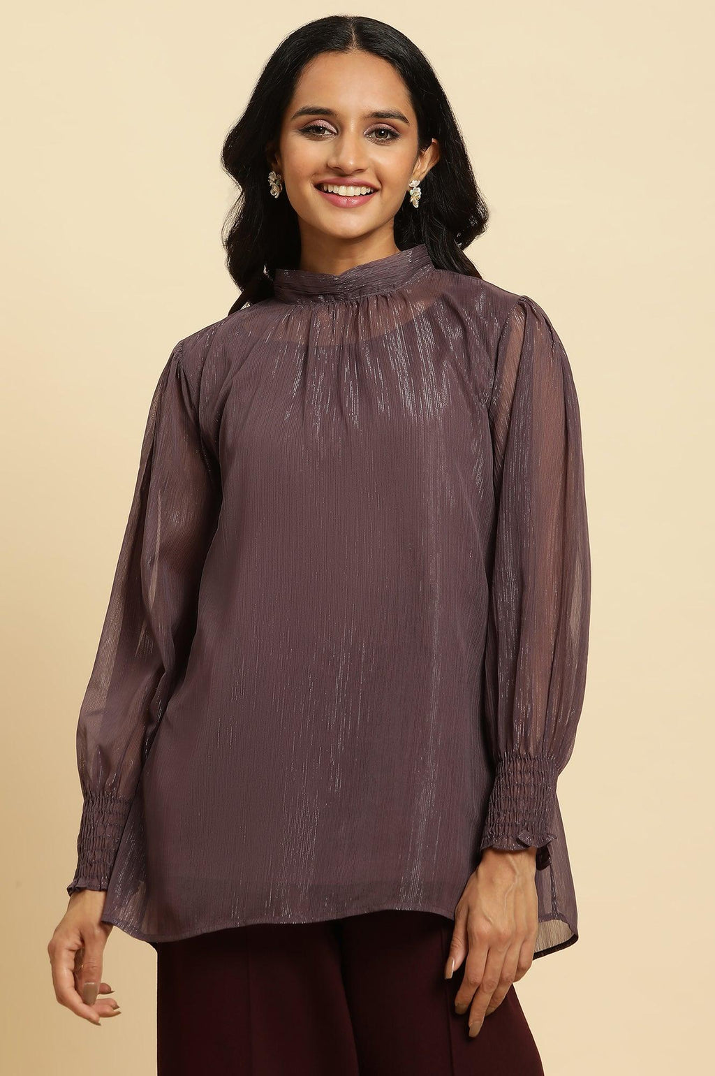 W for Woman Purple Turtle Neck Sheer Top | Grocsy