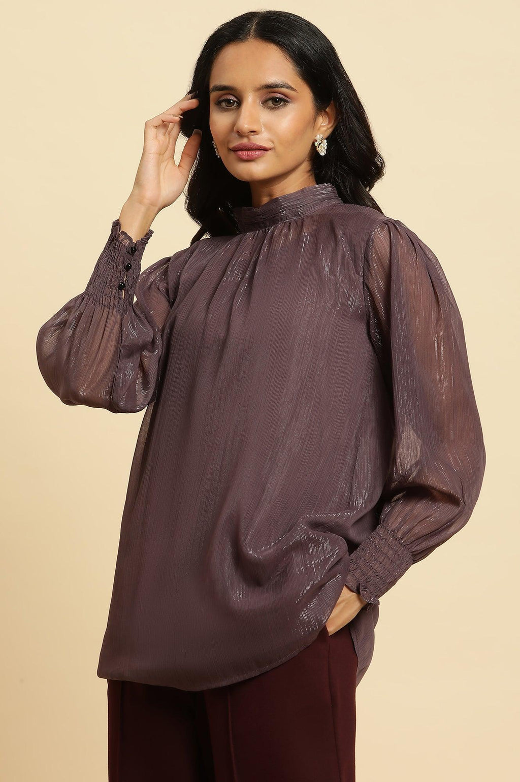 W for Woman Purple Turtle Neck Sheer Top | Grocsy