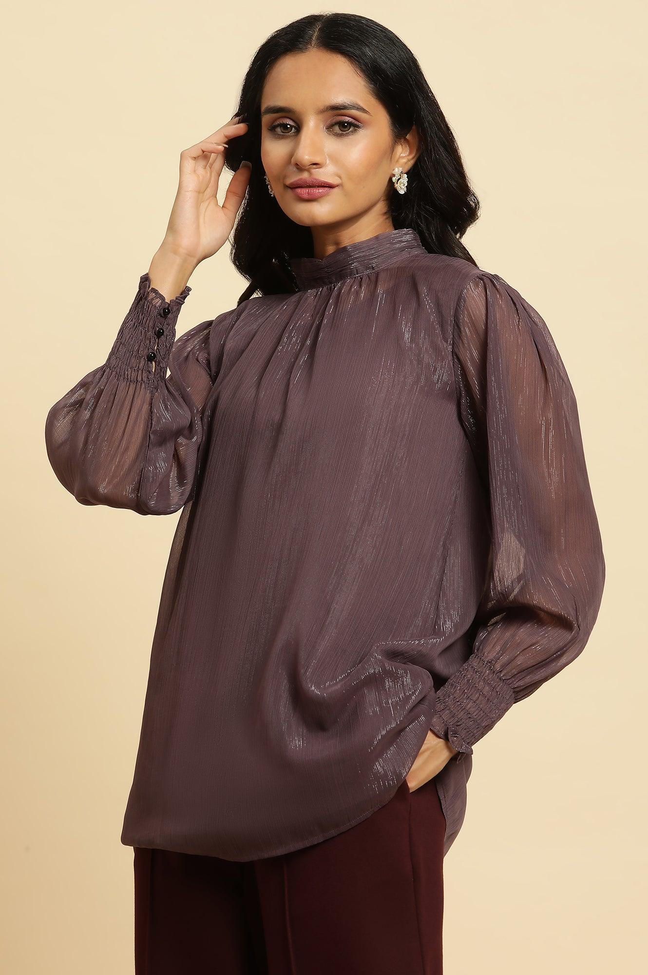 W for Woman Purple Turtle Neck Sheer Top | Grocsy