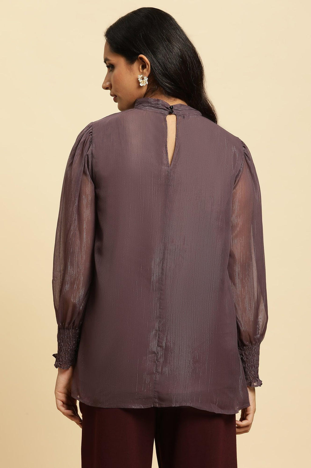 W for Woman Purple Turtle Neck Sheer Top | Grocsy
