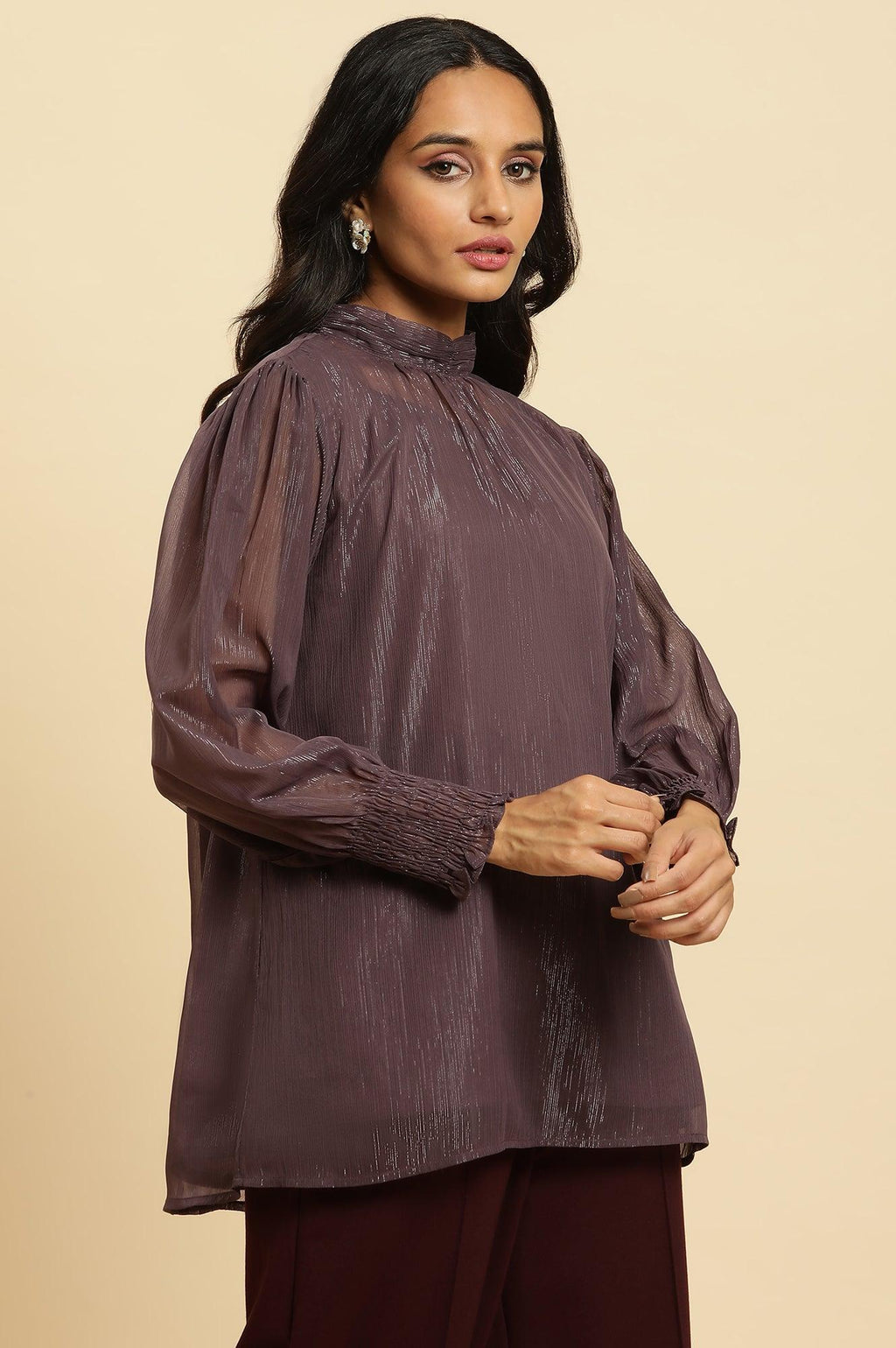 W for Woman Purple Turtle Neck Sheer Top | Grocsy