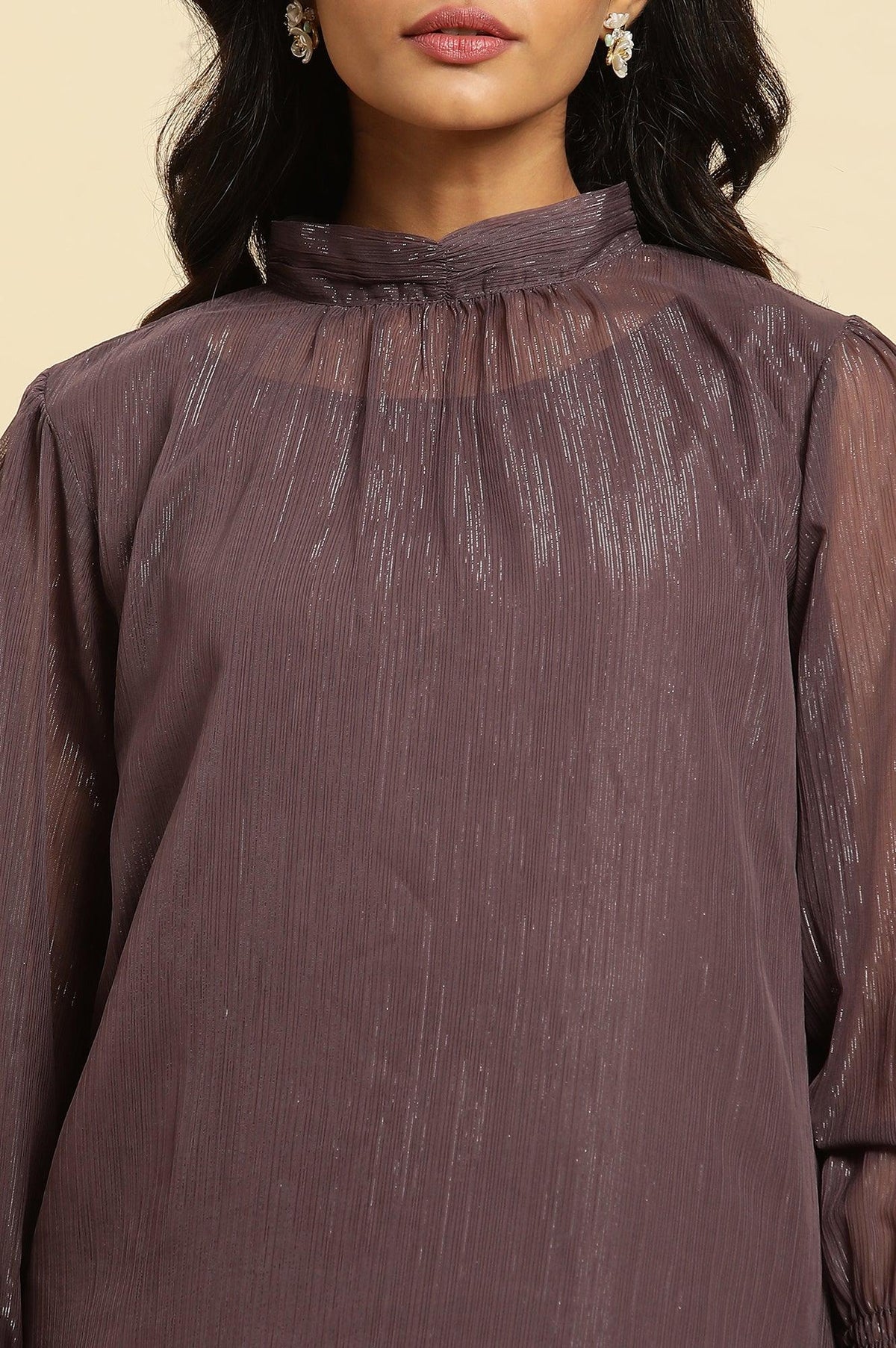 W for Woman Purple Turtle Neck Sheer Top | Grocsy