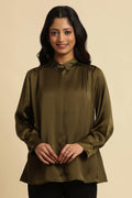 W for Woman Olive Green Modal Satin Embellished Shirt | Grocsy