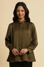 W for Woman Olive Green Modal Satin Embellished Shirt | Grocsy