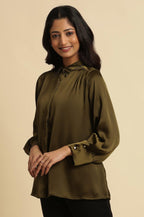 W for Woman Olive Green Modal Satin Embellished Shirt | Grocsy