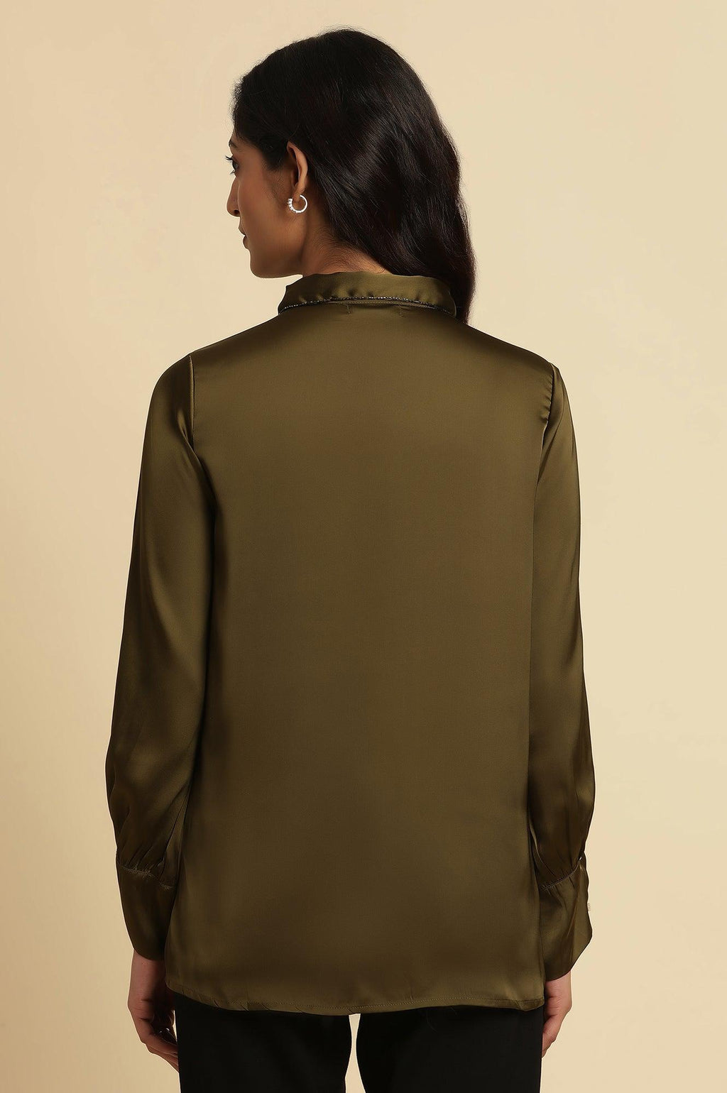 W for Woman Olive Green Modal Satin Embellished Shirt | Grocsy