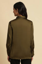 W for Woman Olive Green Modal Satin Embellished Shirt | Grocsy
