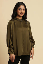 W for Woman Olive Green Modal Satin Embellished Shirt | Grocsy