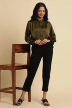 W for Woman Olive Green Modal Satin Embellished Shirt | Grocsy