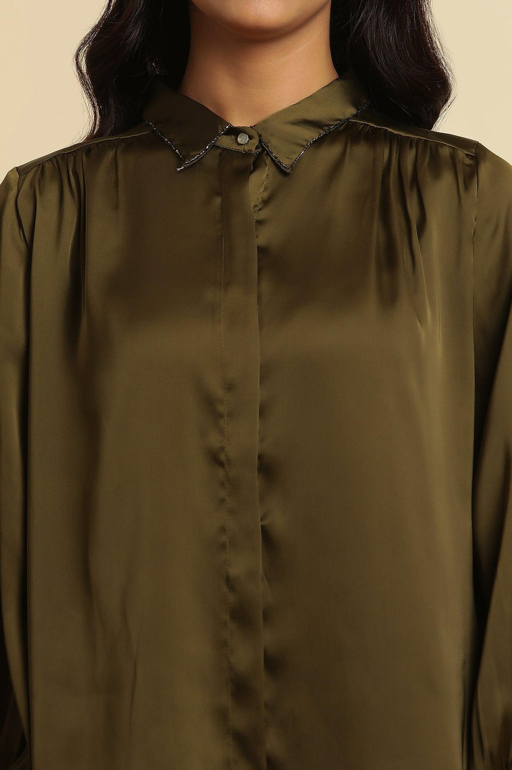W for Woman Olive Green Modal Satin Embellished Shirt | Grocsy