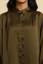 W for Woman Olive Green Modal Satin Embellished Shirt | Grocsy