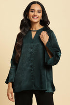 W for Woman Green Neck Cutout Embellished Shirt | Grocsy