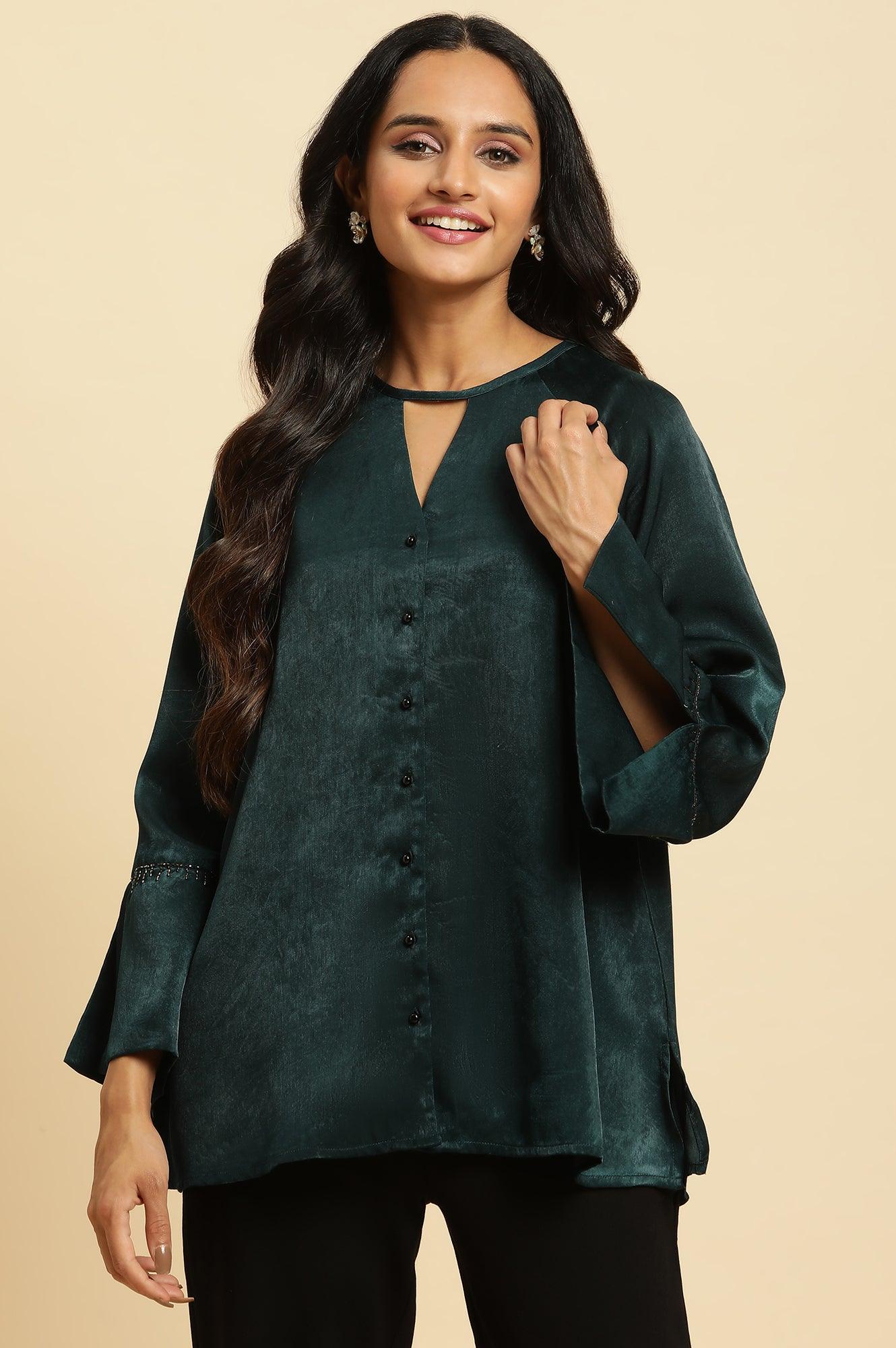 W for Woman Green Neck Cutout Embellished Shirt | Grocsy