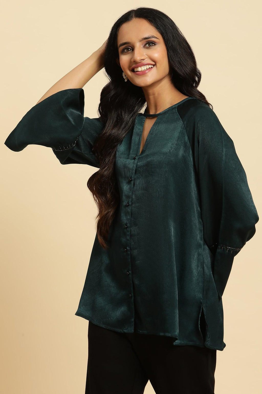 W for Woman Green Neck Cutout Embellished Shirt | Grocsy